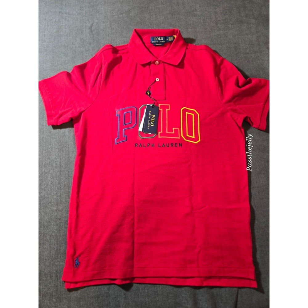 Polo Ralph Lauren Men's Medium Red Multicolor Spellout Embroidered Polo Shirt